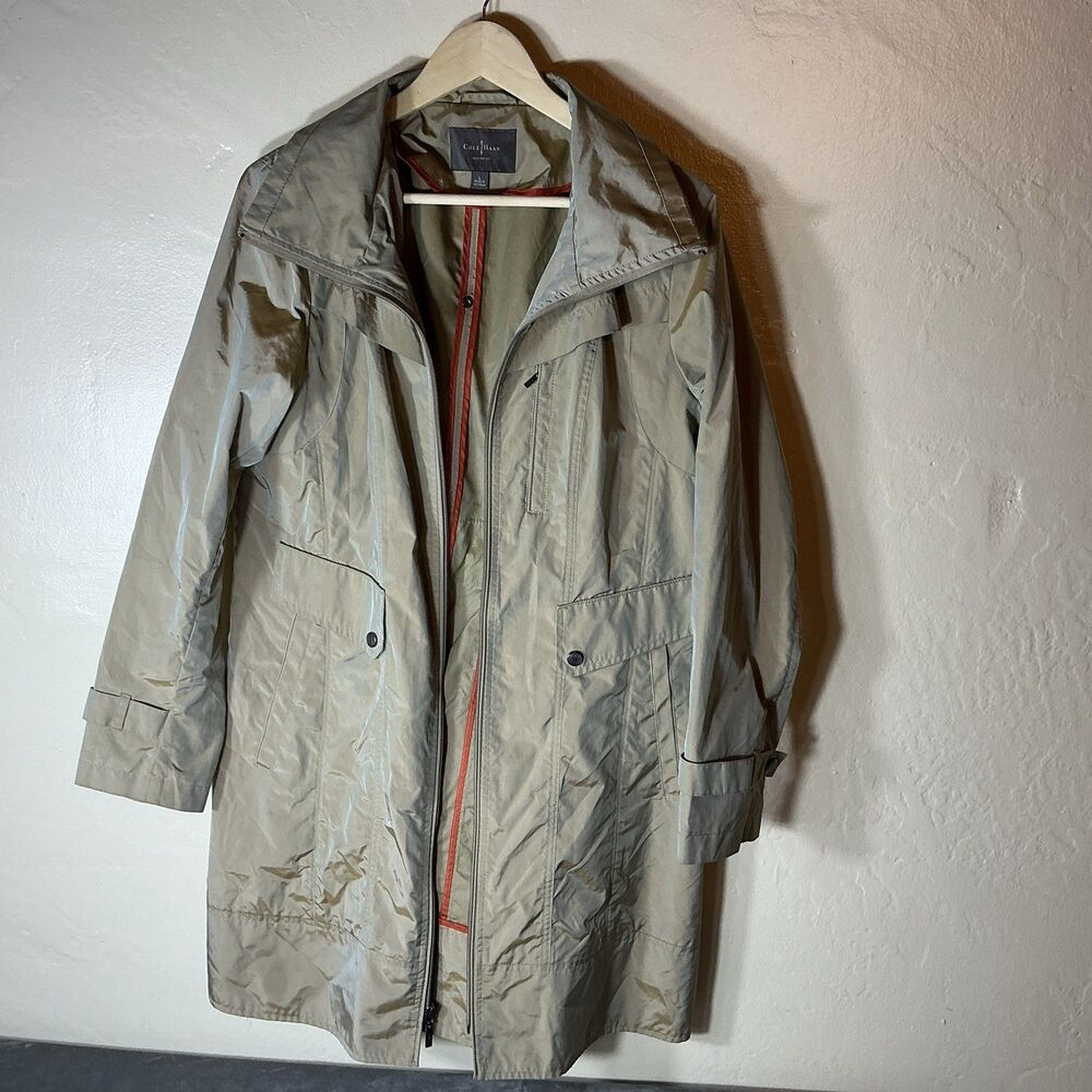 Cole Haan New York City Womens L Shimmery Rain Jacket Mid Length Zip Tan Lumin